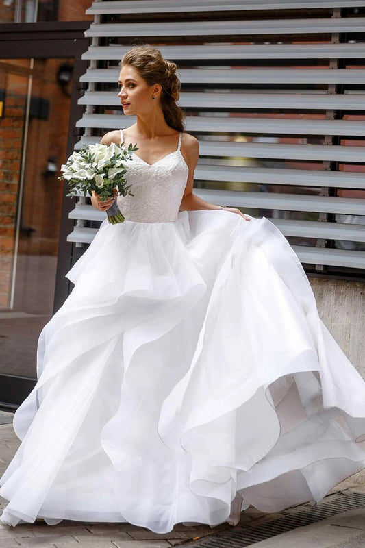 Flowy Spaghetti Layered Wedding Dresses with Lace Top