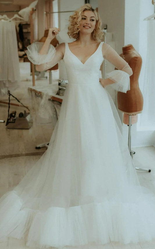 Simple A-line Tulle V-neck Bell Wedding Dresses with Ruching