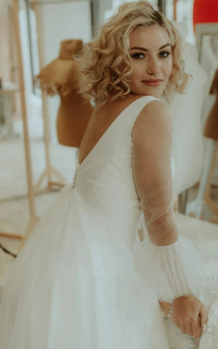 Simple A-line Tulle V-neck Bell Wedding Dresses with Ruching
