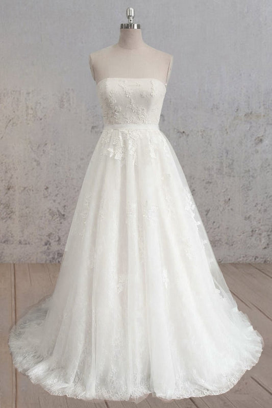 Strapless A-line Tulle Wedding Dresses with Lace Bodice