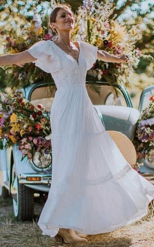 A-line V-neck Lace Floor-length Short Sleeve Wedding Dresses with Ruffles