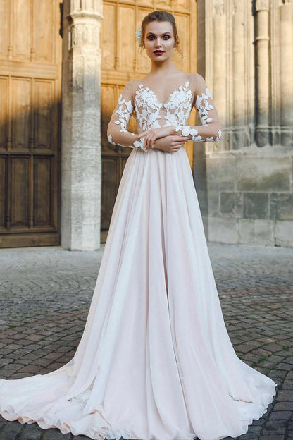 Bateau Illusion Long Sleeve Appliqued A-line Chiffon Wedding Dresses
