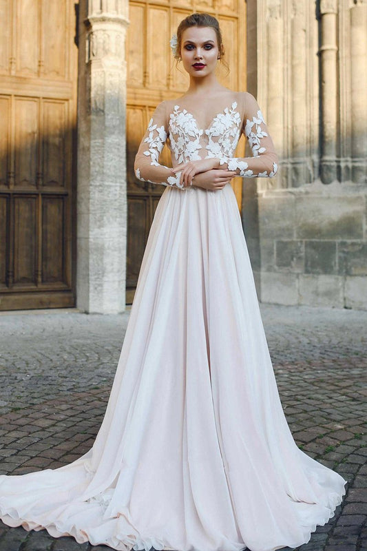 Bateau Illusion Long Sleeve Appliqued A-line Chiffon Wedding Dresses
