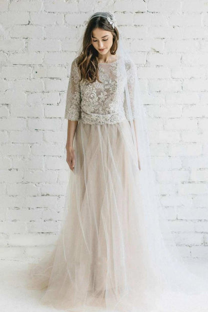 Bateau Lace Half Sleeve A-line Tulle Dresses with Low-V Back