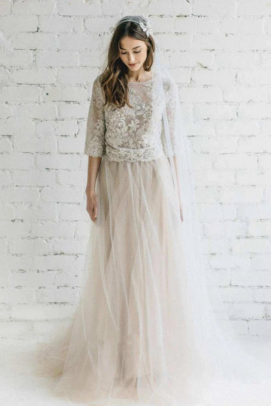 Bateau Lace Half Sleeve A-line Tulle Dresses with Low-V Back