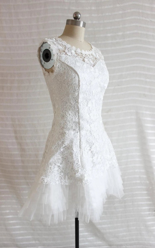 A-line Short Tulle Lace Satin Weddig Dresses