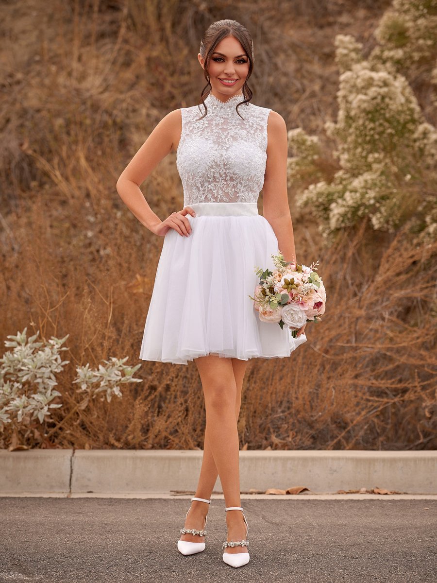 Mini Knee-Length Tulle Lace Dresses with Beading Keyhole Back