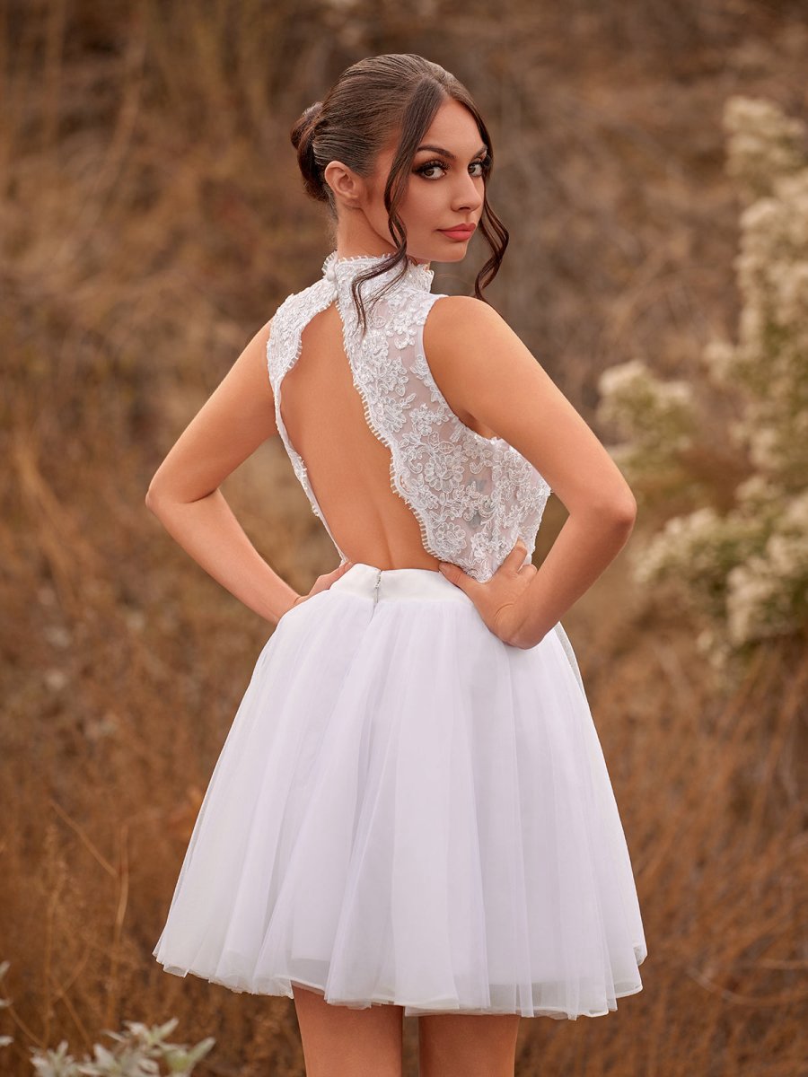 Mini Knee-Length Tulle Lace Dresses with Beading Keyhole Back