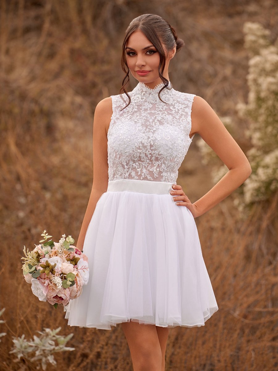 Mini Knee-Length Tulle Lace Dresses with Beading Keyhole Back