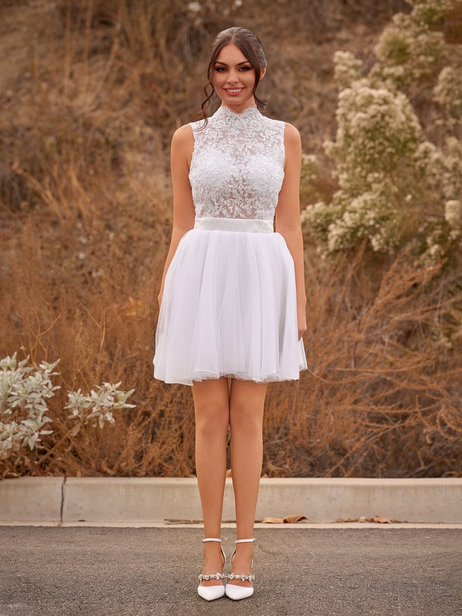 Mini Knee-Length Tulle Lace Dresses with Beading Keyhole Back
