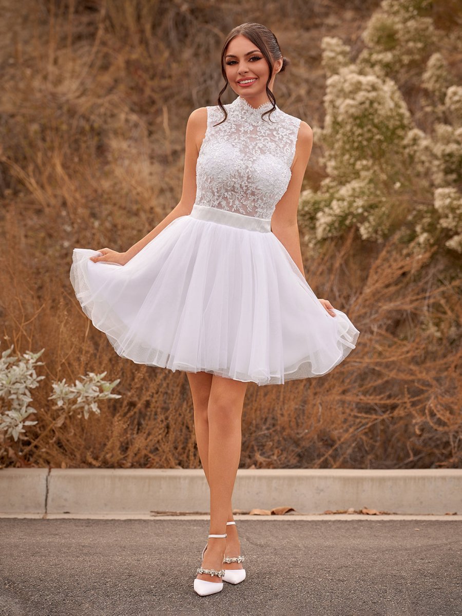 Mini Knee-Length Tulle Lace Dresses with Beading Keyhole Back