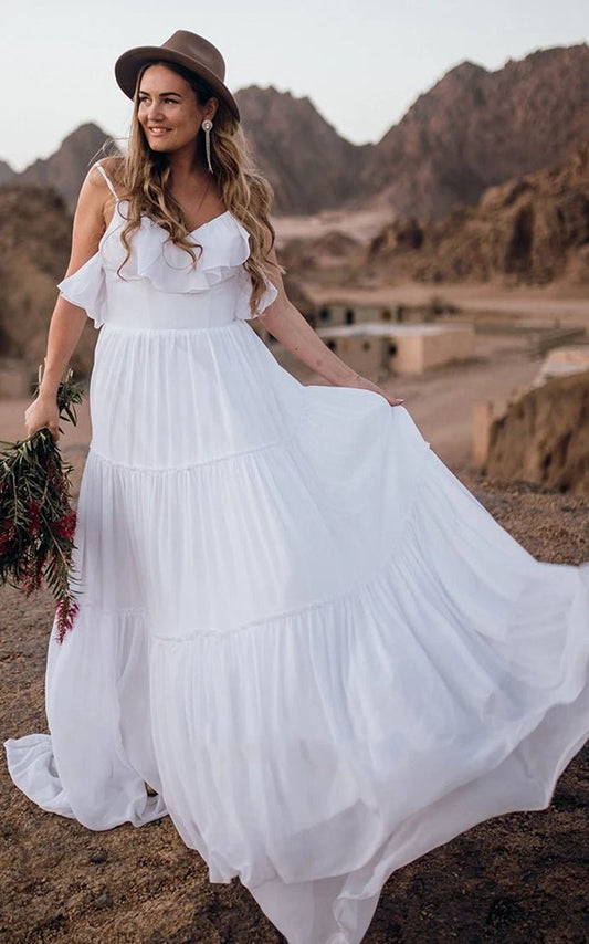Casual Chiffon Spaghetti A-line Sleeveless Wedding Dresses with Ruffles and Open Back