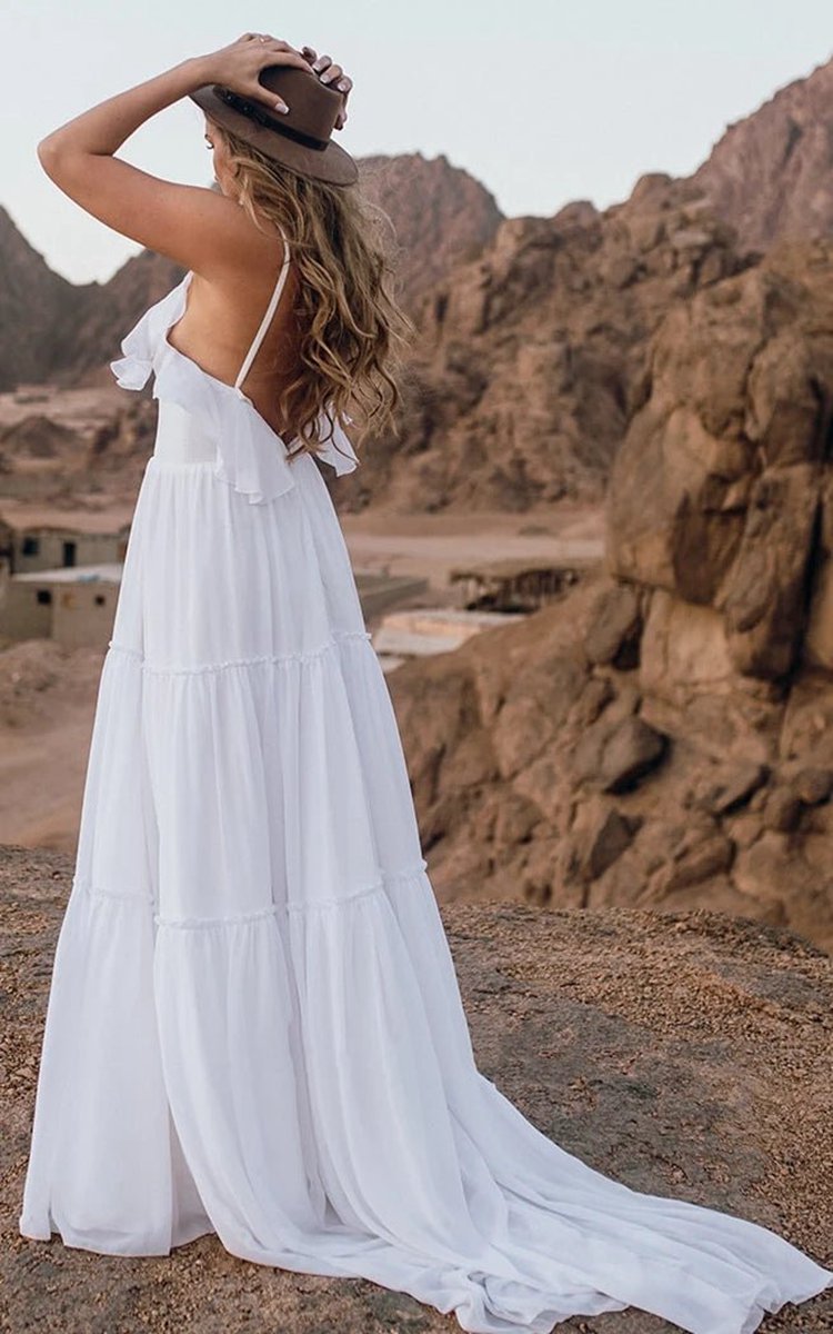 Casual Chiffon Spaghetti A-line Sleeveless Wedding Dresses with Ruffles and Open Back