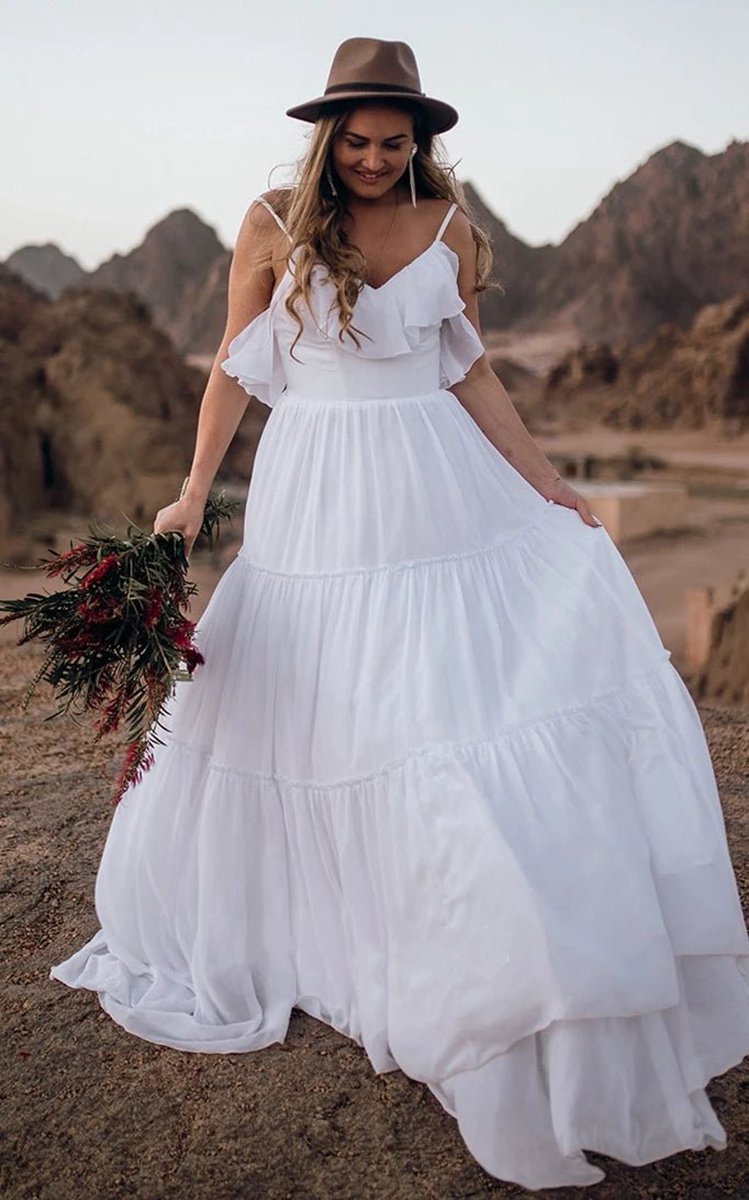Casual Chiffon Spaghetti A-line Sleeveless Wedding Dresses with Ruffles and Open Back