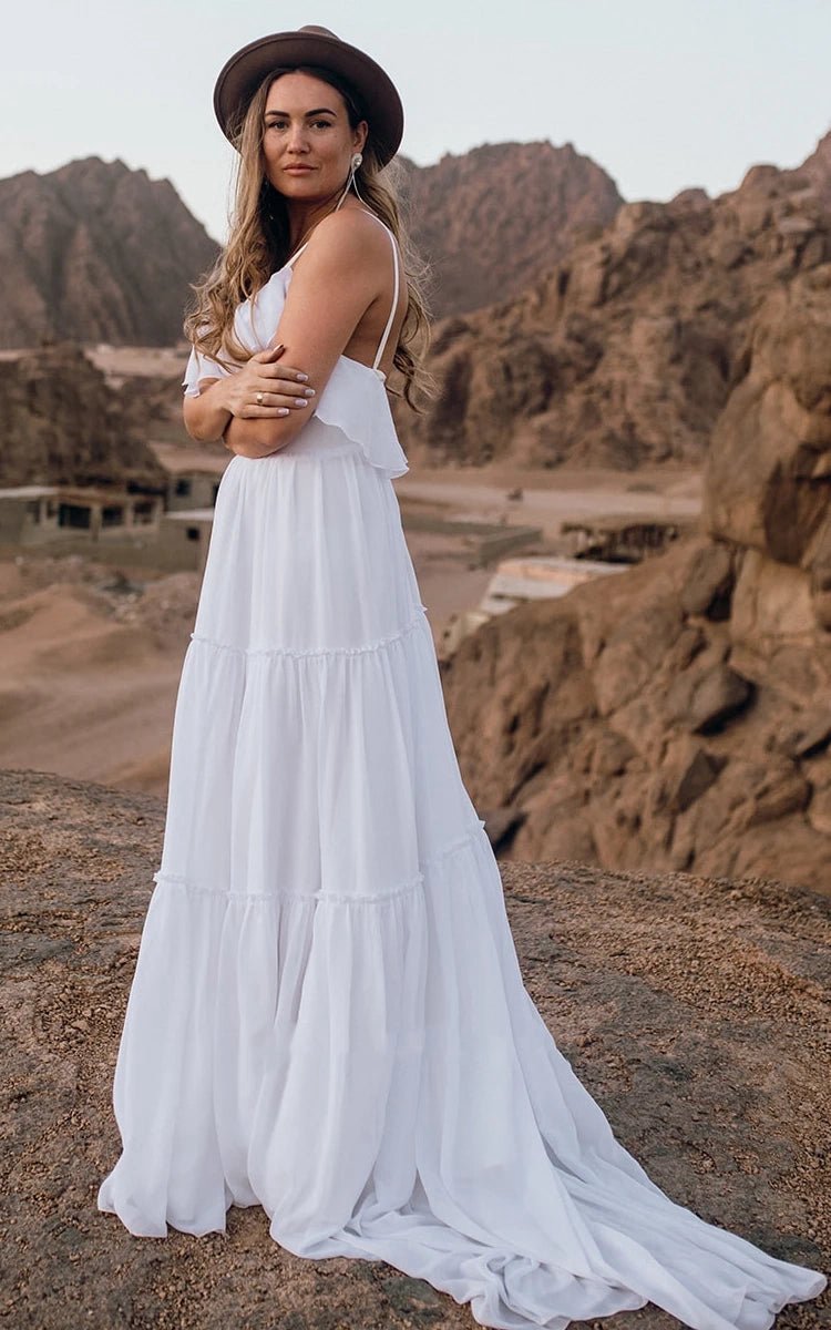 Casual Chiffon Spaghetti A-line Sleeveless Wedding Dresses with Ruffles and Open Back