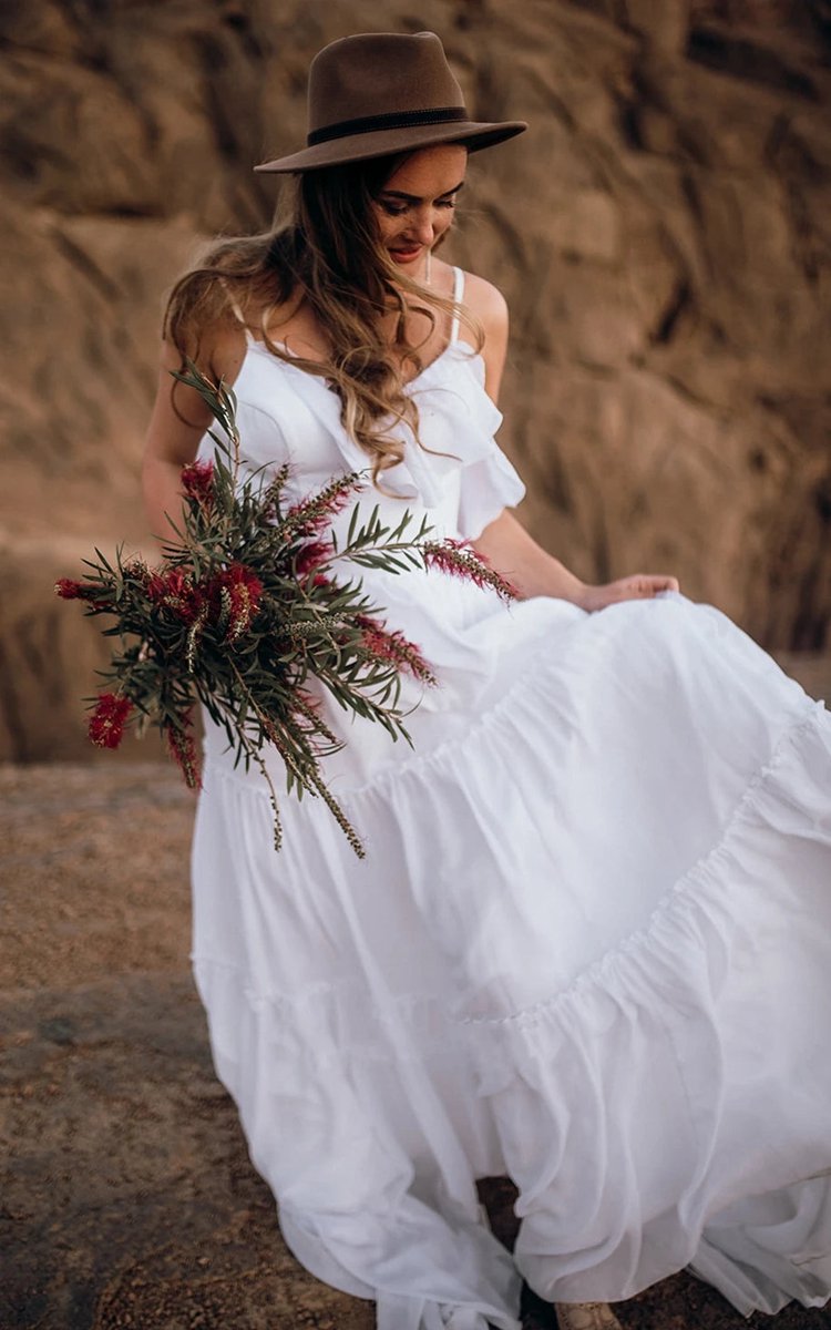 Casual Chiffon Spaghetti A-line Sleeveless Wedding Dresses with Ruffles and Open Back