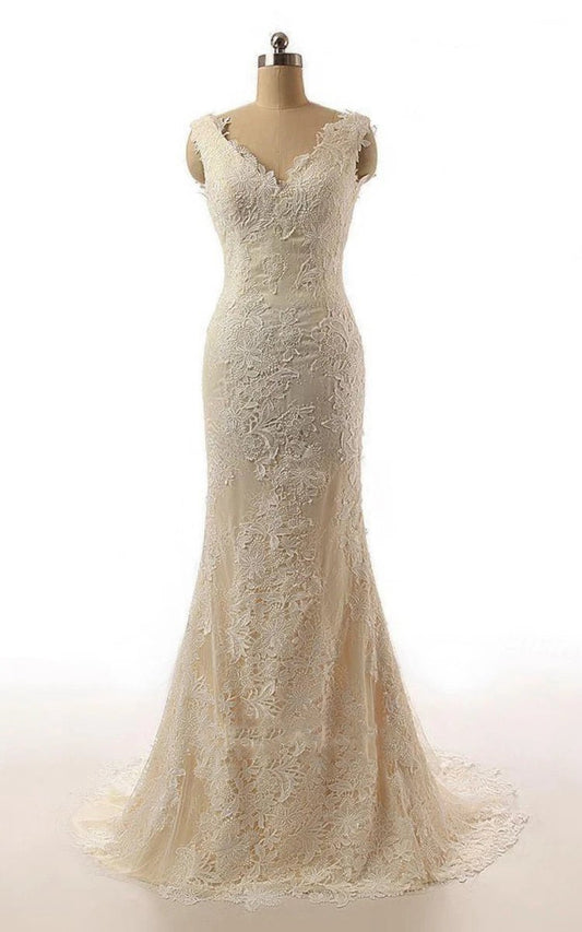 Mermaid Cap Sleeve Sweep Train Lace Weddig Dresses