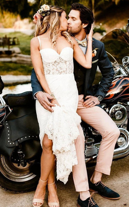 Elegant Mermaid Lace Spaghetti Sweetheart Sleeveless Wedding Dresses with Split Front