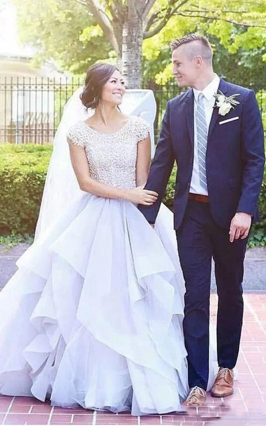 Adorable Country Style Organza Ruffled Cap-sleeve Ball Gown Wedding Dresses