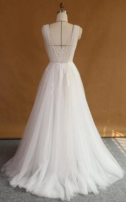 A-line Strapped V-Neck Lace Satin Dresses with Appliques Low-V Back