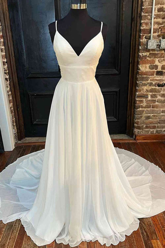 Lace Back V-Neck A-line Long Birdal Dresses