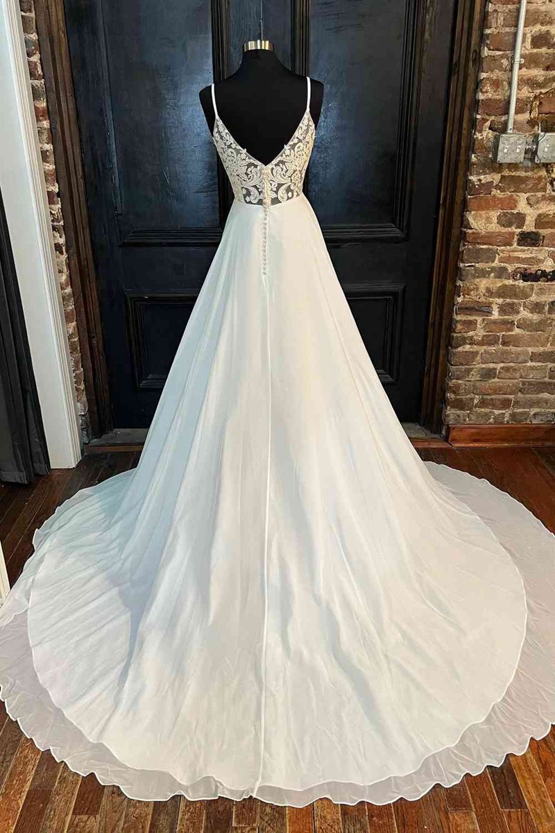 Lace Back V-Neck A-line Long Birdal Dresses