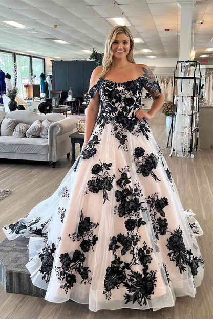 Off the Shoulder Tulle Long Wedding Dresses with Appliques