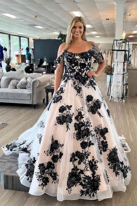 Off the Shoulder Tulle Long Wedding Dresses with Appliques