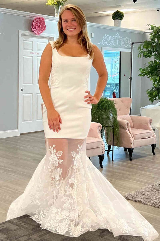 Mermaid Square Neck Lace Tulle Bridal Dresses