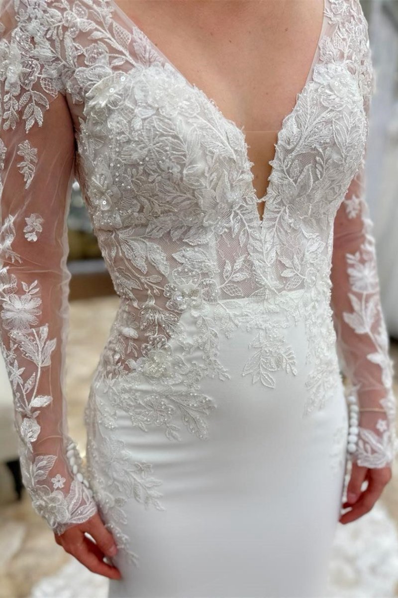 Appliques Plunge V Mermaid Bridal Gown with Long Sleeves