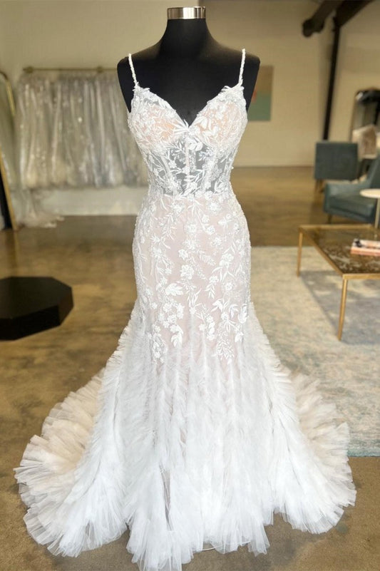 Spaghetti Strap Ruffles Trumpet Long Wedding Dresses