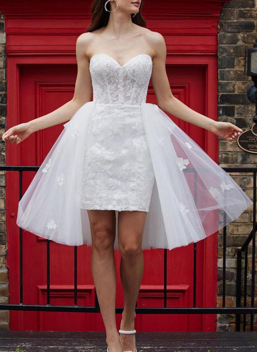 Sheath Column Sweetheart Lace Tulle Wedding Dresses with Bow(s)