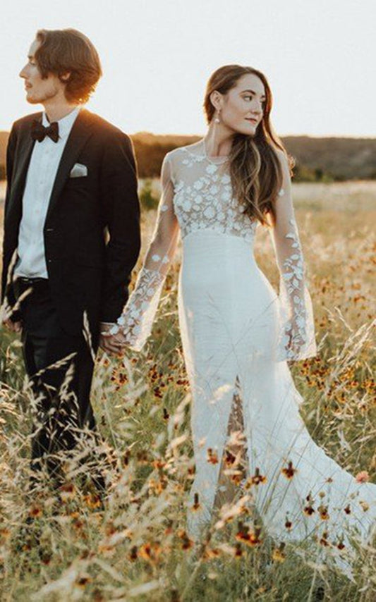 Bohemian Mermaid Bateau Chiffon Wedding Dresses with Appliques and Split Front