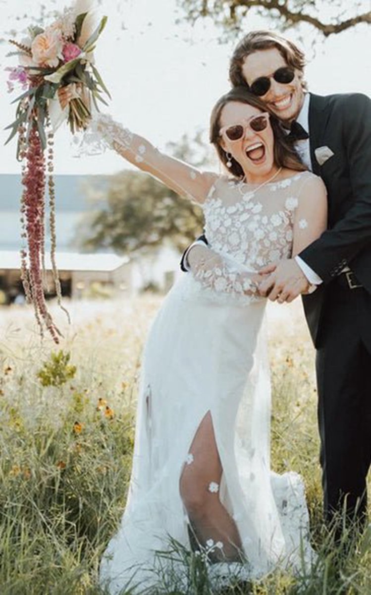 Bohemian Mermaid Bateau Chiffon Wedding Dresses with Appliques and Split Front