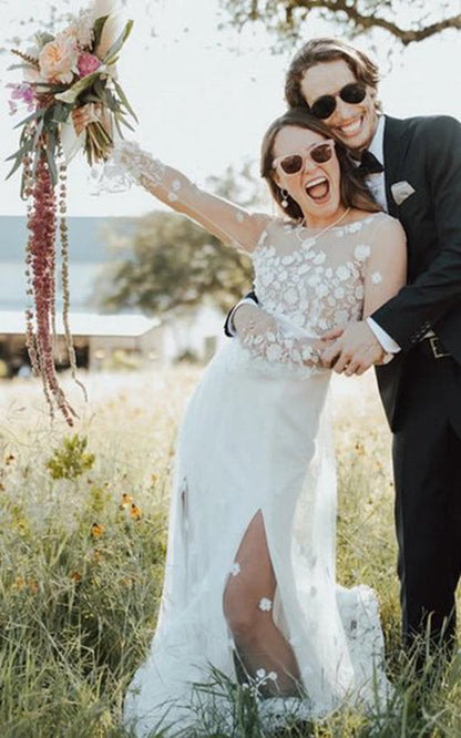 Bohemian Mermaid Bateau Chiffon Wedding Dresses with Appliques and Split Front