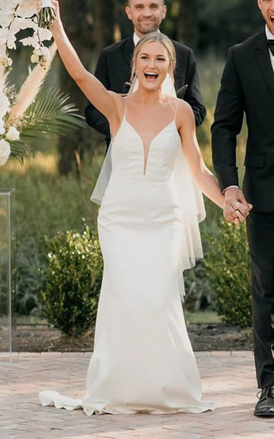 Plunging Neckline Mermaid Satin Wedding Dresses with Sweep Train
