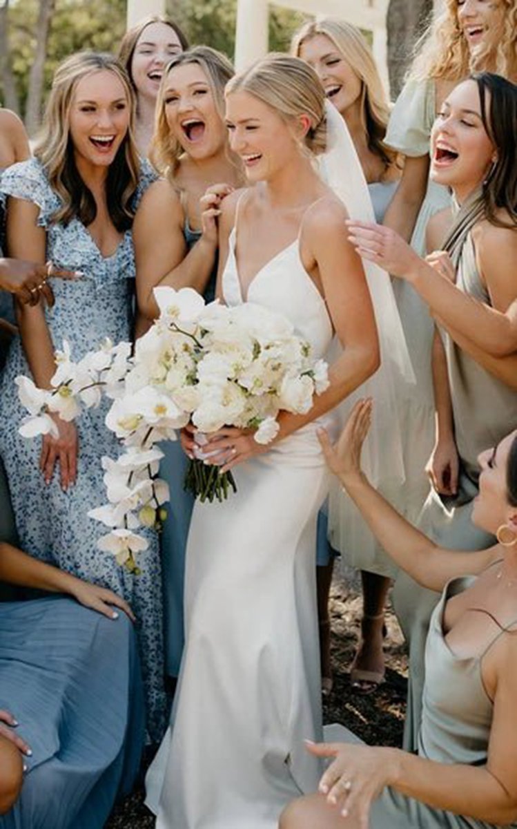 Plunging Neckline Mermaid Satin Wedding Dresses with Sweep Train