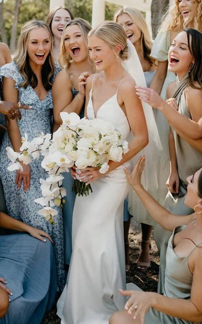 Plunging Neckline Mermaid Satin Wedding Dresses with Sweep Train