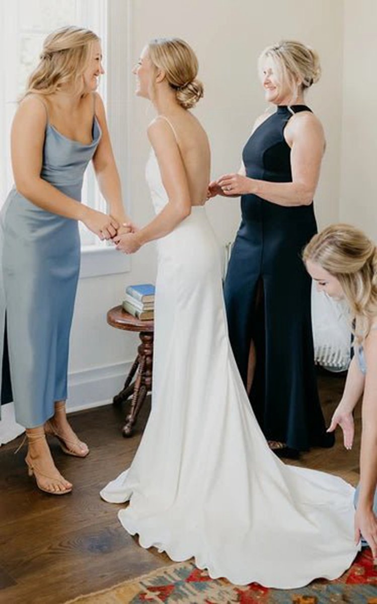 Plunging Neckline Mermaid Satin Wedding Dresses with Sweep Train