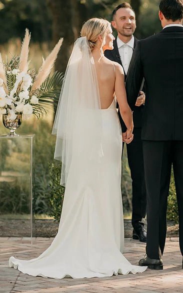 Plunging Neckline Mermaid Satin Wedding Dresses with Sweep Train