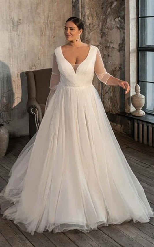 Casual V-neck A-line Tulle Court Train Wedding Dresses with Ruching