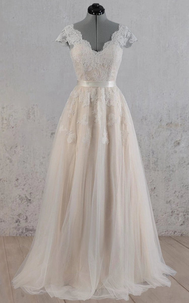 Cap Sleeve V-Neck Lace Wedding Dresses with Tulle Skirt and V-Back