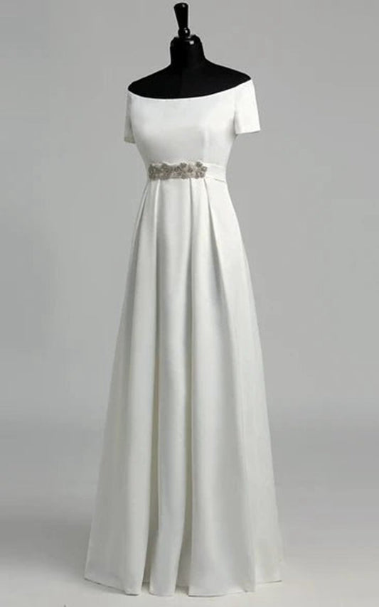 Graceful Off-the-shoulder A-line Beaded Satin Wedding Dresses