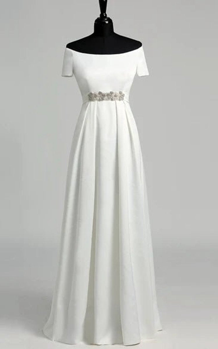 Graceful Off-the-shoulder A-line Beaded Satin Wedding Dresses