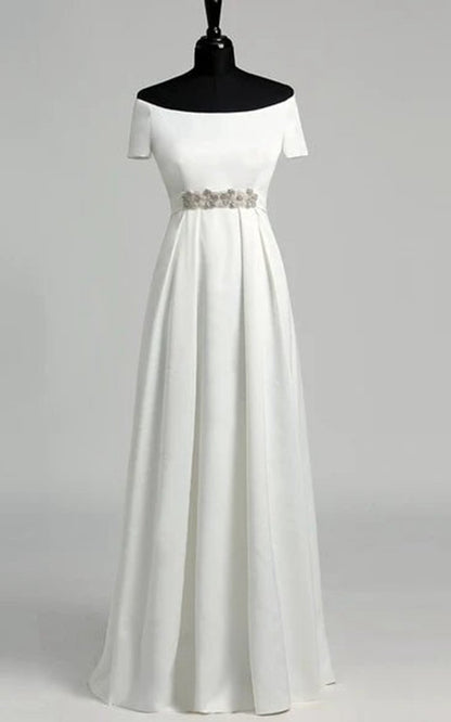 Graceful Off-the-shoulder A-line Beaded Satin Wedding Dresses