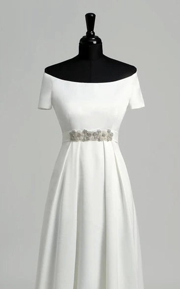 Graceful Off-the-shoulder A-line Beaded Satin Wedding Dresses
