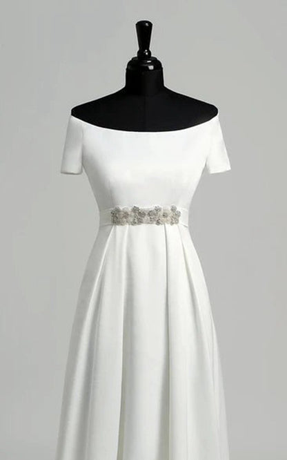 Graceful Off-the-shoulder A-line Beaded Satin Wedding Dresses