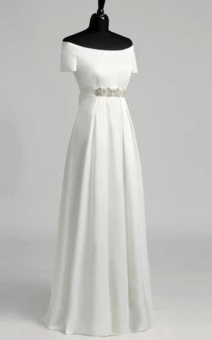 Graceful Off-the-shoulder A-line Beaded Satin Wedding Dresses