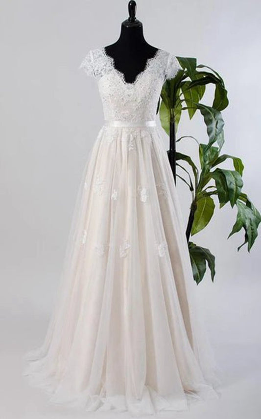 Cap Sleeve Tulle Lace Satin Weddig Dresses with Low-V Back