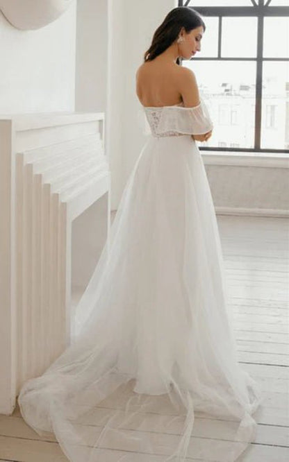 Bohemian A-line Sweetheart Sweep Train Wedding Dresses with Split Front